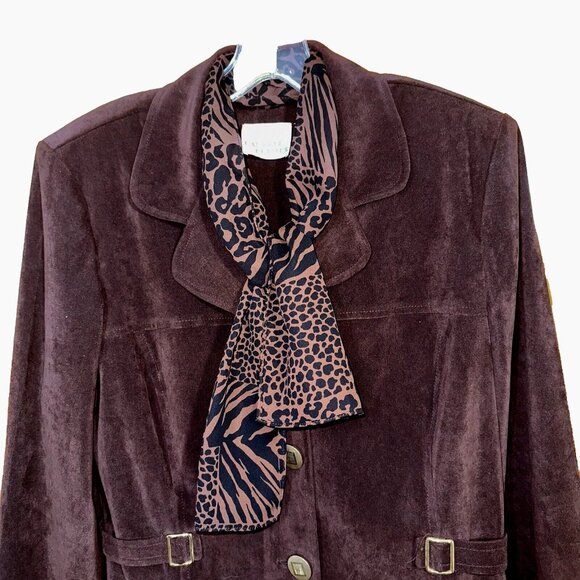 Rich Chocolate Faux-Suede 2-Piece Pant Suit w/ Leopard Scarf • Petite 8 • Retro - Picture 7 of 9